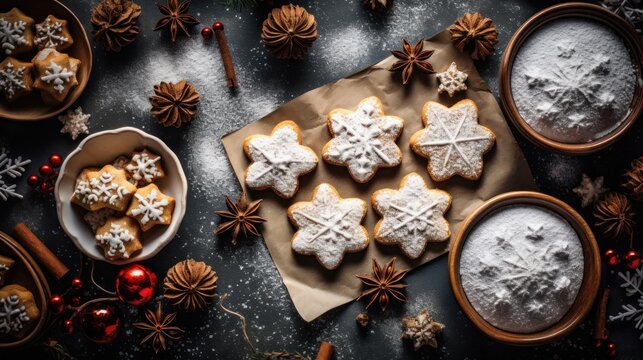  a table topped with cookies covered in icing next to a bowl of cinnamons and star anisets.