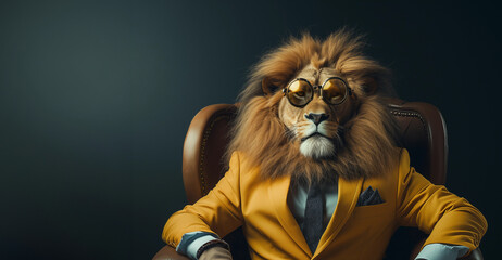 Trendy Boss animal, cool looking Leo portrait in a stylish business suit and tie sitting in the armchair on the dark background. Zodiac sign Leo, a humanoid animal posing as a Boss  - obrazy, fototapety, plakaty