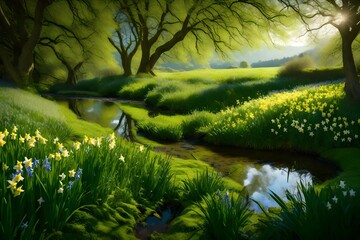 A gentle stream meandering through a spring meadow, flanked by lush grass and clusters of daffodils...