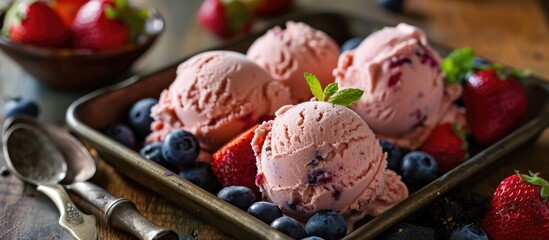 Home-made fruit ice cream on a tray