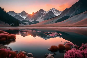 Wall murals Reflection A tranquil mountain lake at dawn, with the surrounding peaks reflected perfectly in the still water. The sky is painted in soft hues of pink and orange, heralding the arrival of a new day