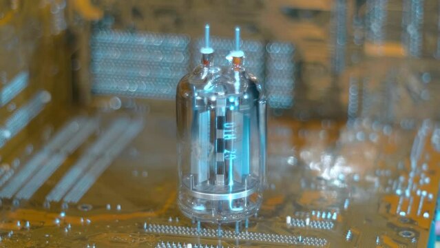 Not a small old Soviet vacuum lamp stands next to modern printed circuit boards, their performance is comparable to millions of similar lamps, as a symbol of old and new technologies. Closeup 