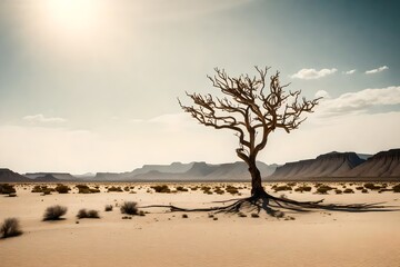 Showcase a solitary tree standing tall in a windswept desert landscape, its branches bending with the force of the wind under a blazing sun.