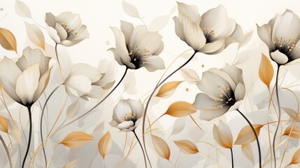  a painting of a bunch of white flowers with yellow leaves on a white background with a white wall in the background.