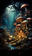 Fantasy landscape with magic castle and mushrooms. Fairytale background.