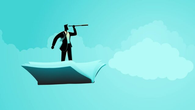 Business concept motion graphic of businessman using telescope on flying book, knowledge, references, opportunity, vision in business