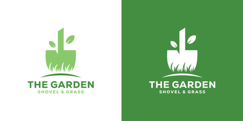 Creative The Garden Logo. Shovel Tree Leaf Logo. Spade Nature Lawn Grass Green Icon Vector Logo Design Template. - obrazy, fototapety, plakaty