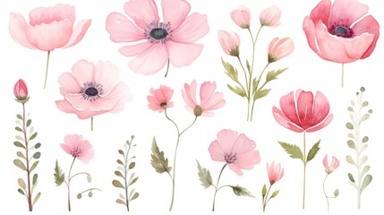  a bunch of pink flowers that are painted in watercolor and have green leaves on each side of the flowers. - obrazy, fototapety, plakaty
