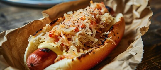 Kansas City-style Reuben hot dog with homemade sauerkraut. - obrazy, fototapety, plakaty