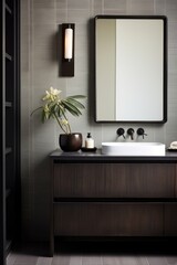 Organic modern bathroom, limewash walls, very dark wood flooring, dark countertops.