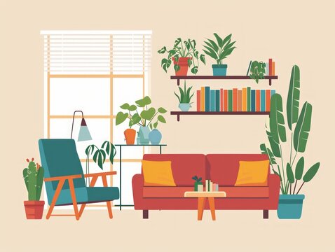 Living room interior with furniture and plants. Flat style vector illustration. Generative AI