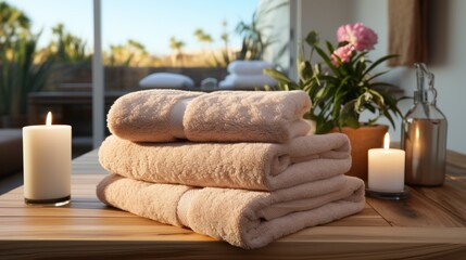  a stack of folded towels sitting on top of a wooden table next to a candle and a potted plant.