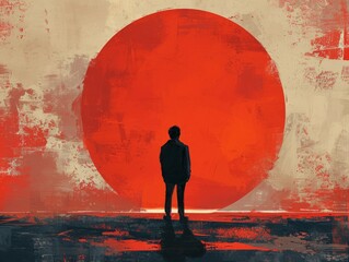 Silhouette of a businessman standing in front of a red sun Generative AI