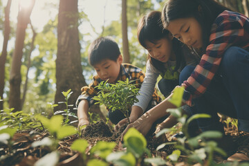 Asian Family Uniting in Love and Legacy: Planting a Tree in a Serene Forest - A Commemorative...
