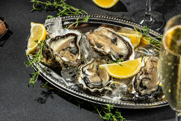raw oysters on a platter on a light background top view. place for text
