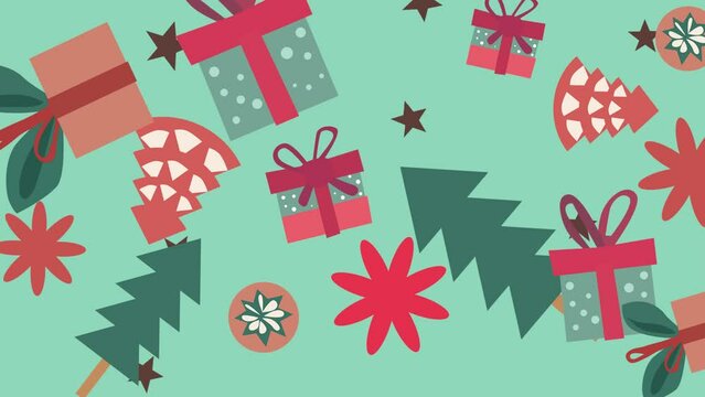 Animated pattern of Christmas gifts decorations and Christmas trees