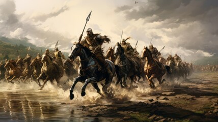 Army of equestrians riding into a battle created with Generative AI - obrazy, fototapety, plakaty