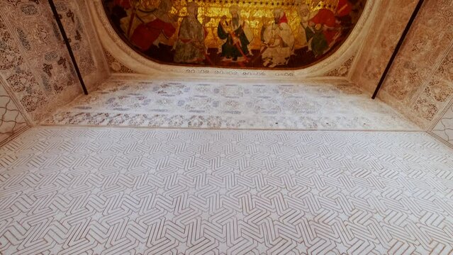 The Alhambra Palace - Painting on leather representing the first ten kings of the Nasrid dynasty, Hall of the Kings, Granada, Andalucia, Spain