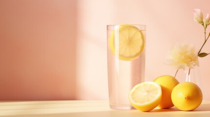  a glass of water with lemons and a vase of flowers on a table with a pink wall in the background.