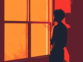 Silhouette of a man looking out the window. illustration Generative AI