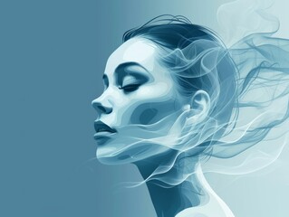 Portrait of a beautiful young woman with blue smoke on her face Generative AI