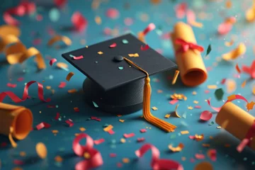 Foto op Canvas Confetti and tassels adorn a graduation cap, highlighting the excitement and vibrant atmosphere of a graduation ceremony. © Liana