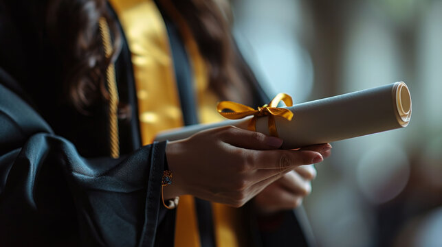 A graduate holding a diploma with a golden ribbon, embodying the fulfillment and pride of completing an academic journey.