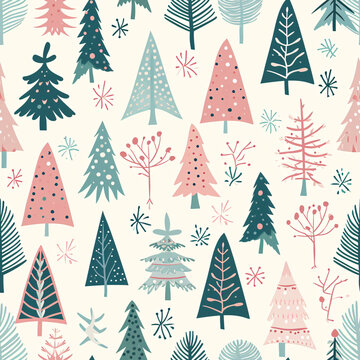 delightful seamless pattern featuring charming Christmas trees and plants