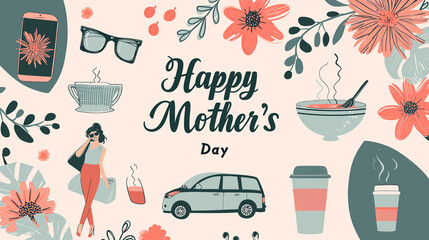 happy mothers day background with a set of illustration elements icons for a modern mom, travel, car, sunglasses handbag, coffee, flowers, smartphone, love, card banner, light cream backdrop