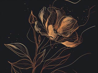 Hand drawn peony flower with golden line on black background. illustration. Generative AI