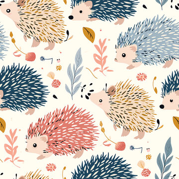 Seamless pattern with hedgehogs plants and mushrooms