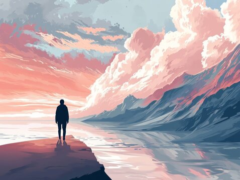 Silhouette of a man standing on the edge of a cliff at sunset. illustration Generative AI