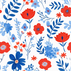 Vibrant seamless floral pattern with bright red and blue flowers