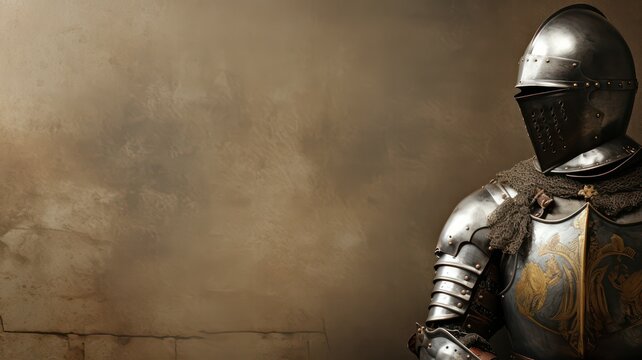 Medieval knight on historic background with lots of copy space on the right side created with Generative AI