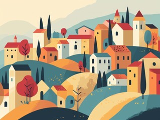 Fototapeta na wymiar illustration of a medieval town. Colorful flat style design. Generative AI