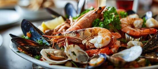 Assorted seafood combination. - obrazy, fototapety, plakaty