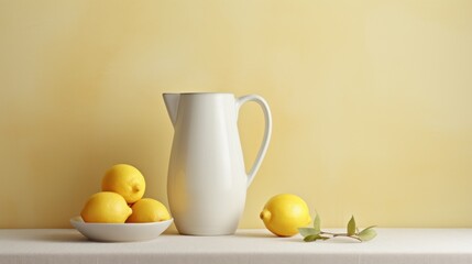 Obraz na płótnie Canvas a white pitcher sitting on top of a table next to a bowl of lemons and a white bowl of lemons.