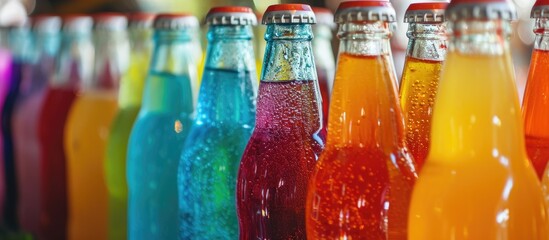 Colorful sweetened drinks in supermarket bottles.