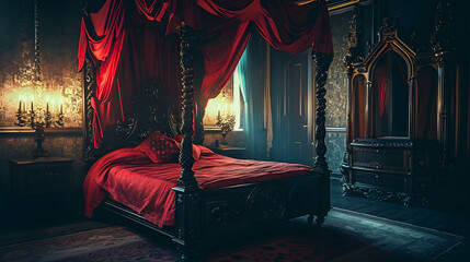 Ornate bed with red canopy and sheets in a cozy, dimly lit room with antique charm