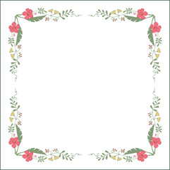 Green botanical frame with tropical leaves in jungles and pink flowers, decorative corners for greeting cards, banners, business cards, invitations, menus. Isolated vector illustration.	