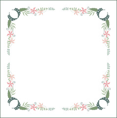 Green botanical frame with tropical leaves in jungles and pink flowers, decorative corners for greeting cards, banners, business cards, invitations, menus. Isolated vector illustration.	