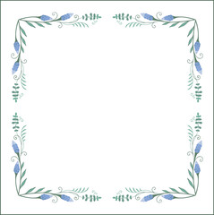 Fototapeta na wymiar Green botanical frame with tropical leaves in jungles and blue flowers, decorative corners for greeting cards, banners, business cards, invitations, menus. Isolated vector illustration. 