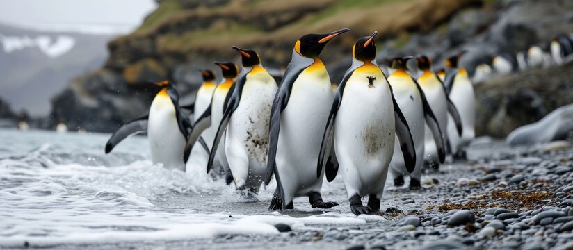 A gathering of king penguins stroll closely on the shore.