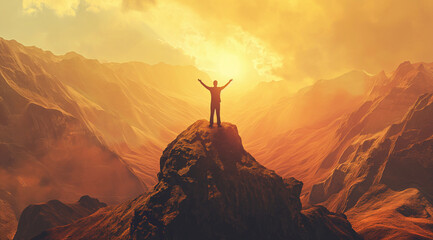 person stands on a mountain peak with arms raised towards the sun, surrounded by vast golden mountains under a bright sky
