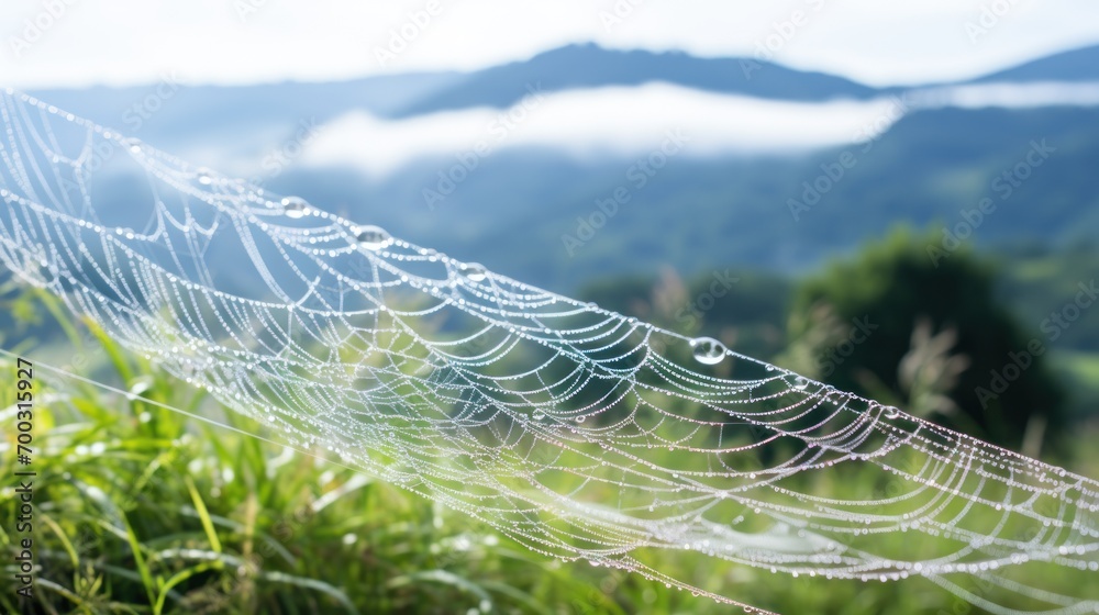 Wall mural a close up of a spider web in a field of grass with mountains in the back ground and clouds in the s