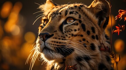 Obraz premium a close up of a cheetah's face with leaves in the foreground and a blurry background.