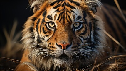  a close up of a tiger's face with grass in the foreground and grass in the foreground.