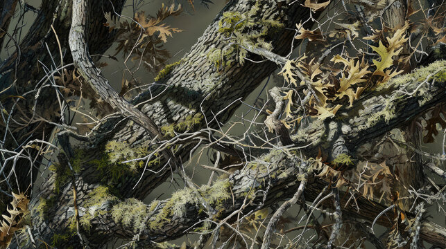 Nature's Disguise: Mossy Oak Camouflage Elegance. Generative AI