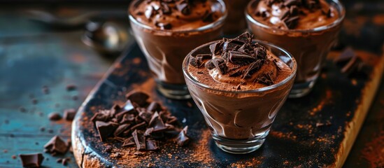 Vegan chocolate mousse with chocolate decorations, served in portion glasses and low in calories.