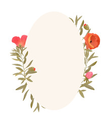 Watercolor of flower wreaths with neutral flowers and leaves. Frame oval flowers
